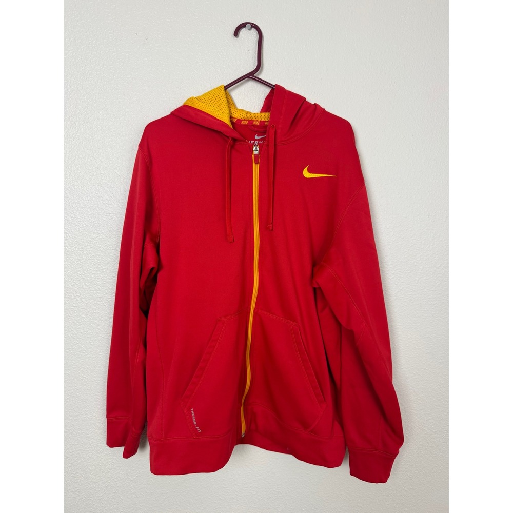 Nike Therma-FIT Hoodie Mens Large Red Yellow Full Zip Sweatshirt Activewear